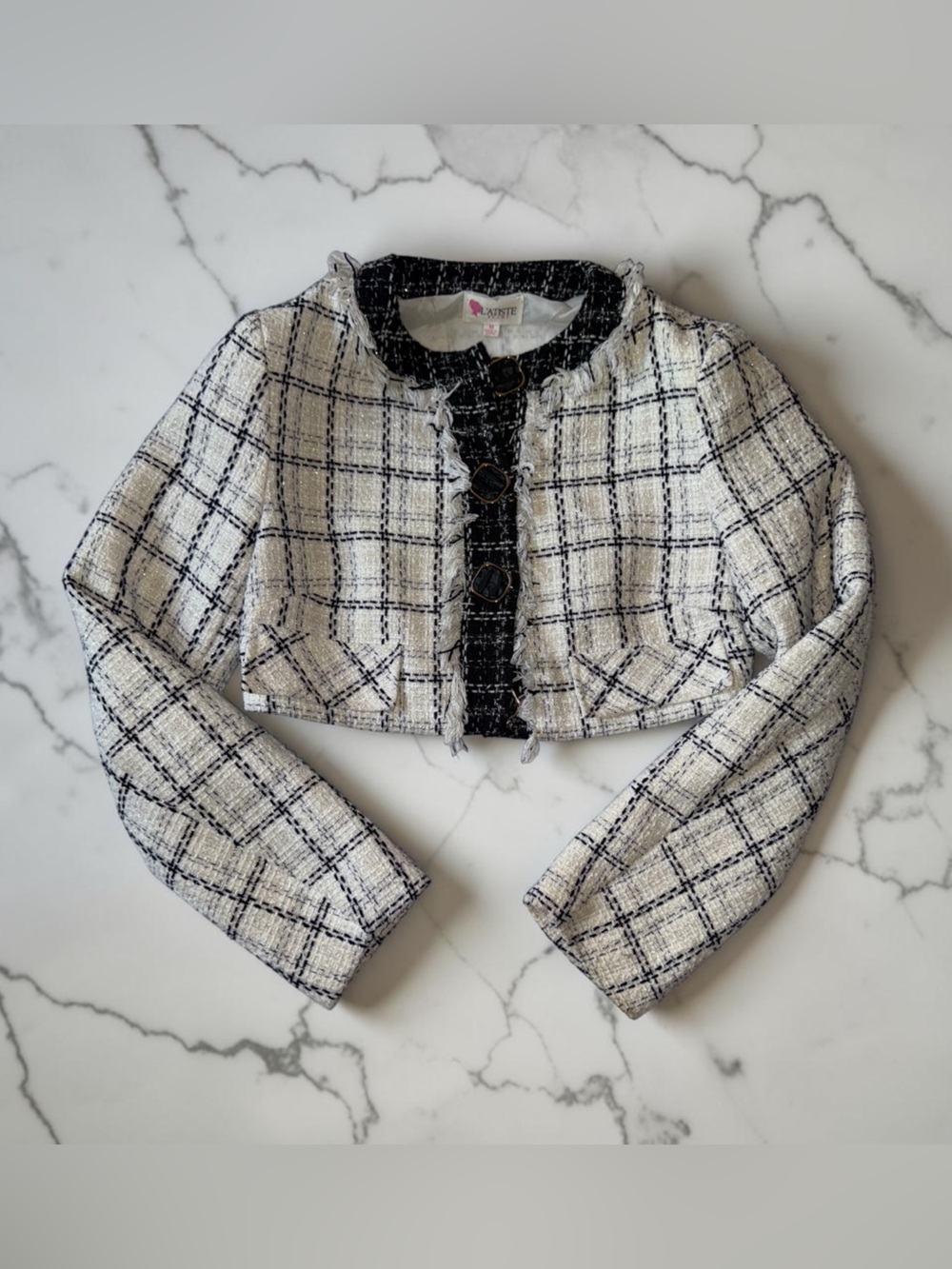 Classic Cream & Black Plaid Cropped Blazer/Skirt